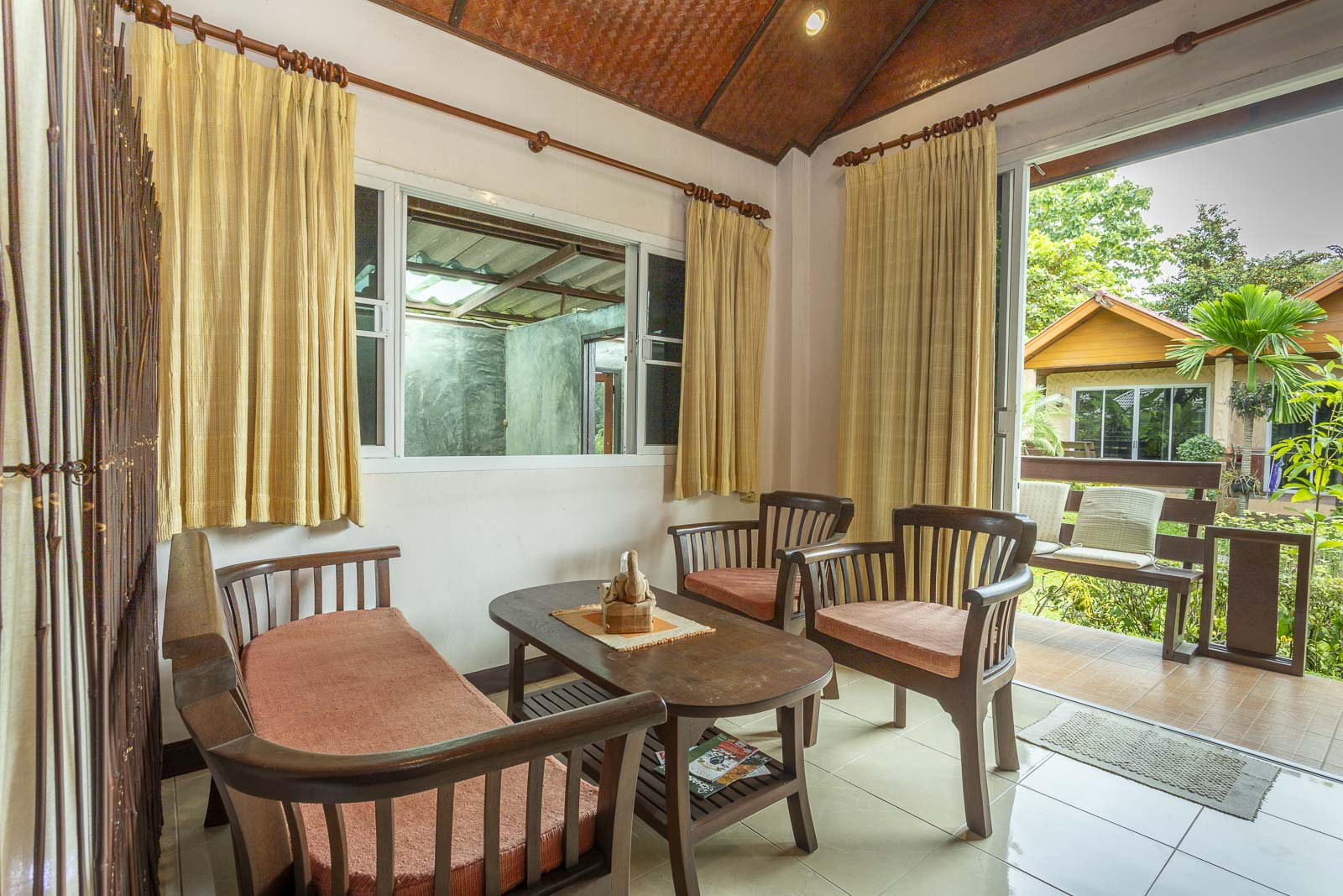 Wooden seating corner facing the terrace